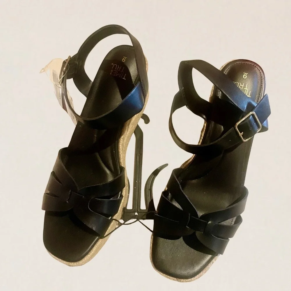 Time and Tru Womens Black Espadrille Wedge Sandals Platform‎ Buckle Strap Size 9